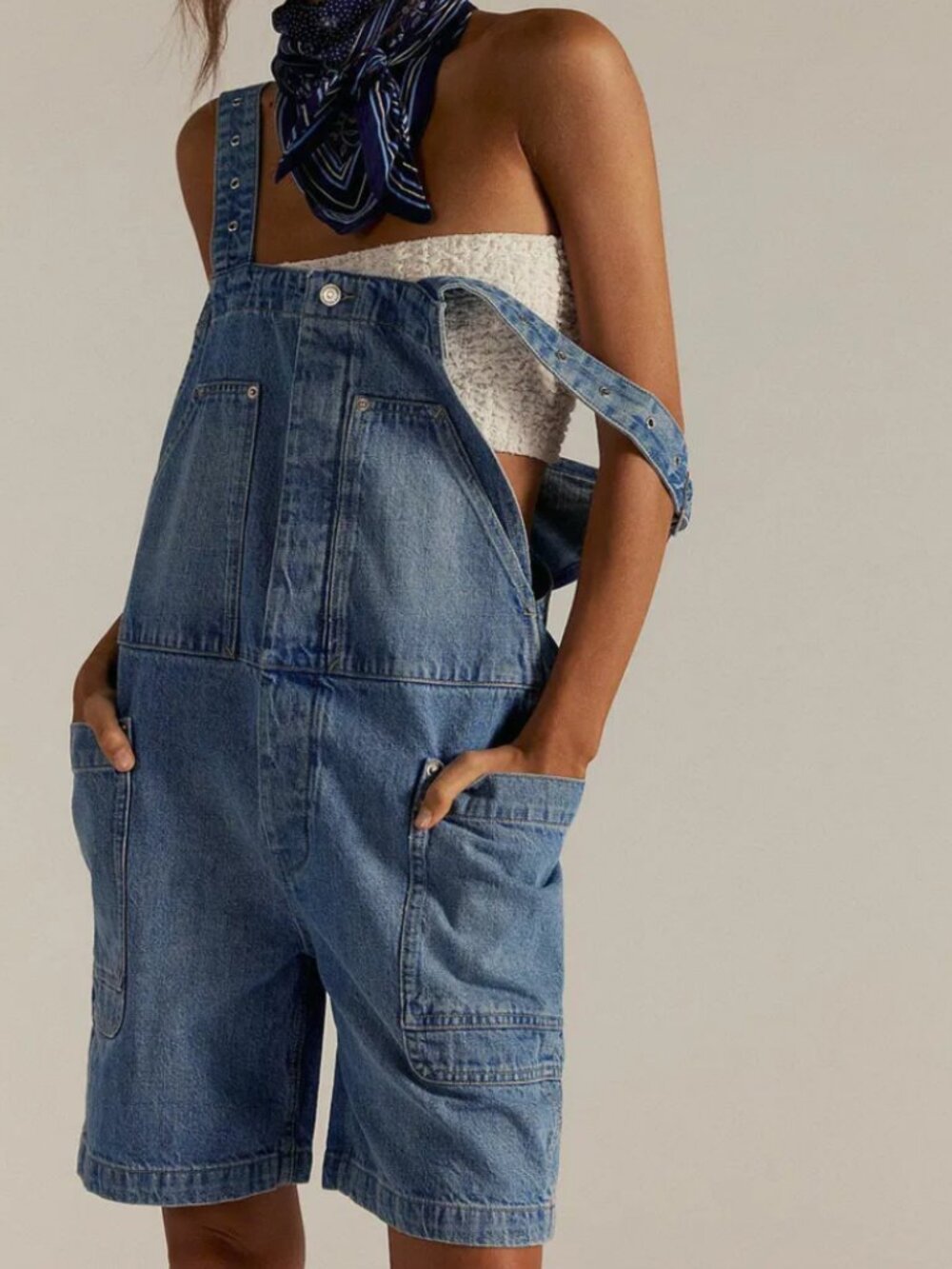 NWT Free People Set It Off Long Shortalls in Academy Blue